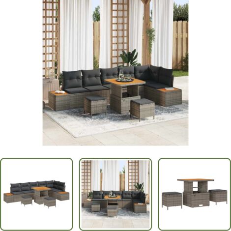 vidaXL Cojines de jardín -  Conjunto de sofás de jardín con cojín 9 pcs Gris Poliratán
