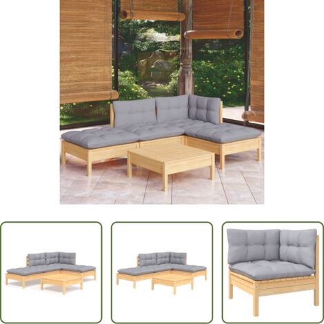 vidaXL Cojines de jardín -  Juego de muebles de jardín 5 pzas y cojines madera pino gris