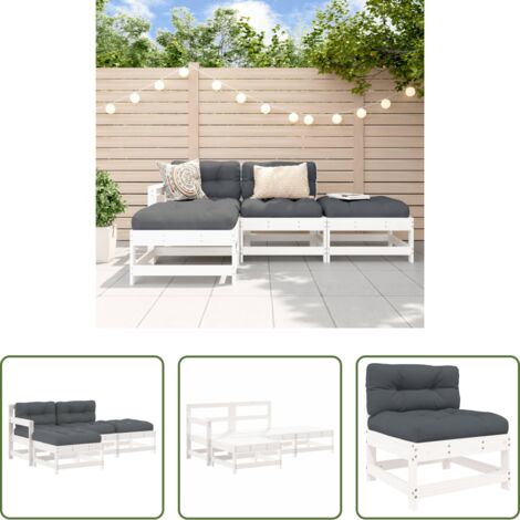 vidaXL Cojines de jardín -  Juego de muebles jardín 4 piezas y cojines madera maciza blanco