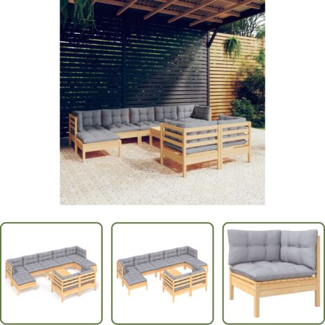 vidaXL Cojines -  Juego de muebles de jardín 10 pzas y cojines madera maciza pino