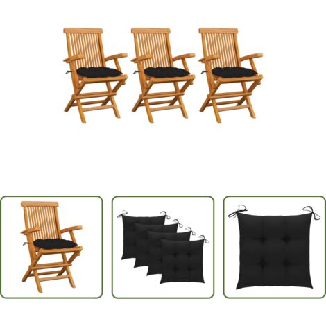 vidaXL Cojines negros -  Sillas de jardín 3 uds madera maciza de teca con cojines negros