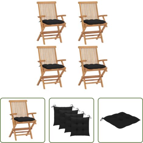 vidaXL Cojines negros -  Sillas de jardín 4 uds madera maciza de teca con cojines negros