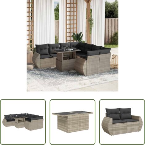 vidaXL Cojines para jardín -  Set muebles jardín 9 pzas y cojines ratán sintético gris claro