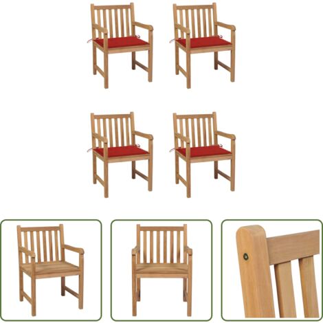 vidaXL Cojines para jardín -  Sillas de jardín 4 uds madera maciza de teca con cojines rojos