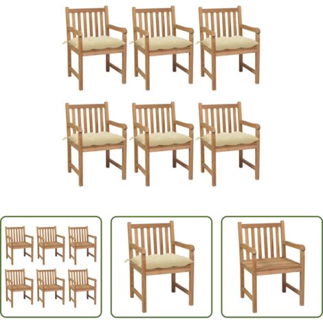 vidaXL Cojines para jardín -  Sillas de jardín 6 uds madera maciza teca cojines crema blanca