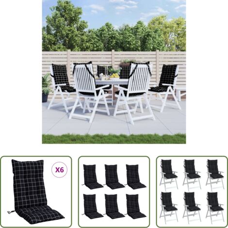 vidaXL Cojines para patio -  Cojines para silla respaldo alto 6 uds tela a cuadros negro