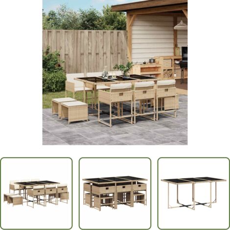 vidaXL Cojines para sillas -  Set comedor de jardín 11 pzas con cojines ratán sintético beige