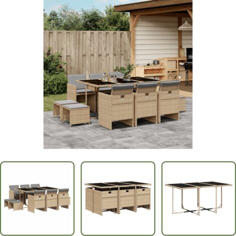 vidaXL Cojines para sillas -  Set comedor de jardín 11 pzas con cojines ratán sintético beige