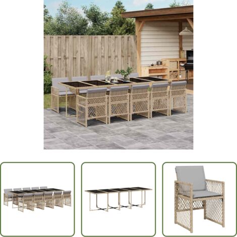 vidaXL Cojines para sillas -  Set comedor de jardín 11 pzas con cojines ratán sintético beige
