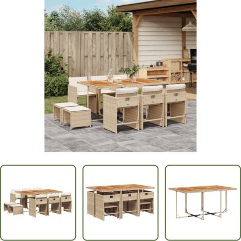 vidaXL Cojines para sillas -  Set comedor de jardín 11 pzas con cojines ratán sintético beige