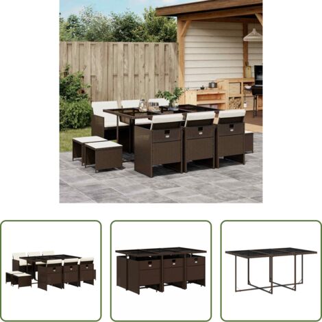 vidaXL Cojines para sillas -  Set comedor de jardín 11 pzas y cojines ratán sintético marrón