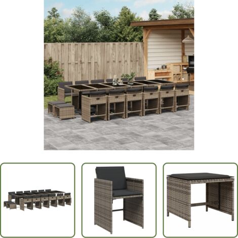 vidaXL Cojines para sillas -  Set comedor de jardín 17 pzas y cojines ratán sintético gris