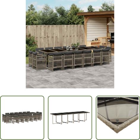 vidaXL Cojines para sillas -  Set comedor de jardín 17 pzas y cojines ratán sintético gris