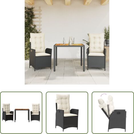 vidaXL Cojines para sillas -  Set comedor de jardín 3 pzas con cojines ratán sintético negro