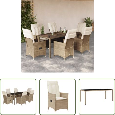 vidaXL Cojines para sillas -  Set comedor de jardín 7 pzas con cojines ratán sintético beige