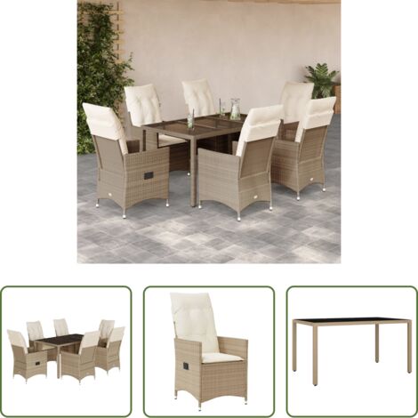 vidaXL Cojines para sillas -  Set comedor de jardín 7 pzas con cojines ratán sintético beige