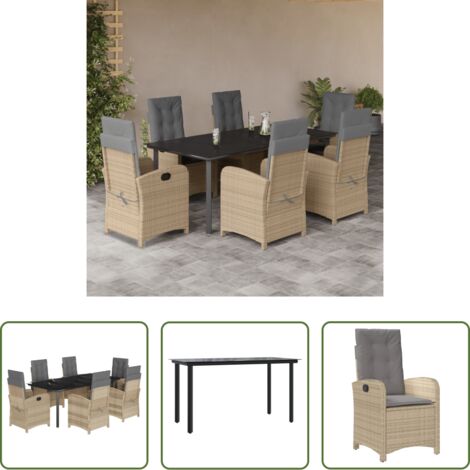 vidaXL Cojines para sillas -  Set comedor de jardín 7 pzas con cojines ratán sintético beige