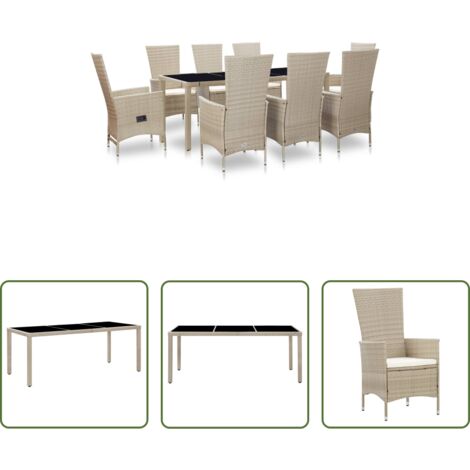 vidaXL Cojines para sillas -  Set comedor de jardín 9 piezas y cojines ratán sintético beige