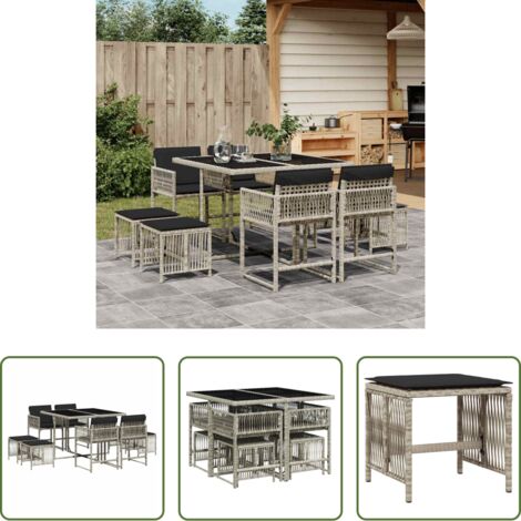 vidaXL Cojines para sillas -  Set comedor de jardín 9 pzas cojines ratán sintético gris claro