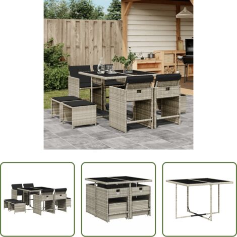 vidaXL Cojines para sillas -  Set comedor de jardín 9 pzas cojines ratán sintético gris claro