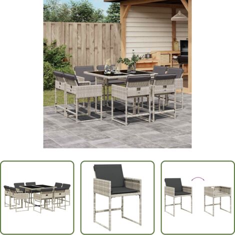 vidaXL Cojines para sillas -  Set comedor de jardín 9 pzas cojines ratán sintético gris claro
