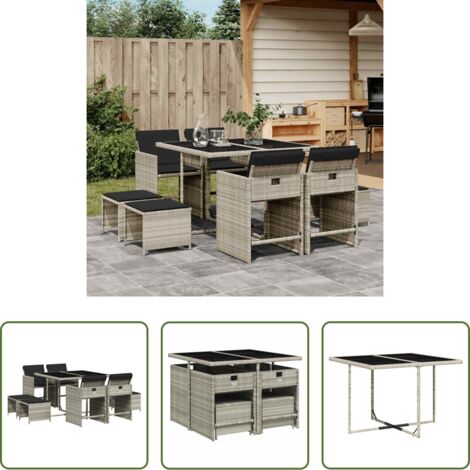 vidaXL Cojines para sillas -  Set comedor de jardín 9 pzas cojines ratán sintético gris claro