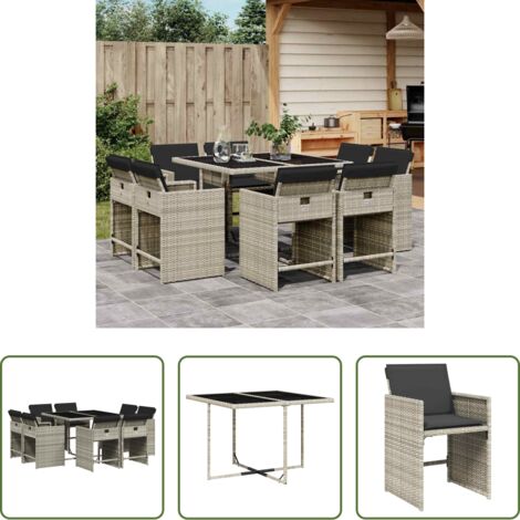 vidaXL Cojines para sillas -  Set comedor de jardín 9 pzas cojines ratán sintético gris claro