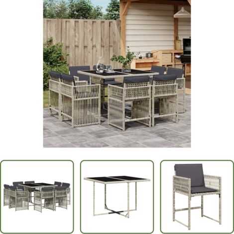 vidaXL Cojines para sillas -  Set comedor de jardín 9 pzas cojines ratán sintético gris claro