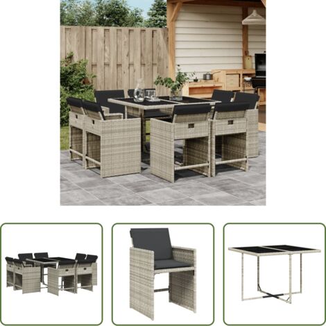 vidaXL Cojines para sillas -  Set comedor de jardín 9 pzas cojines ratán sintético gris claro