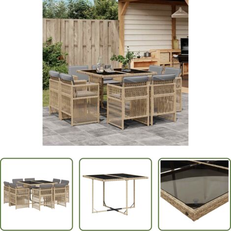 vidaXL Cojines para sillas -  Set comedor de jardín 9 pzas con cojines ratán sintético beige