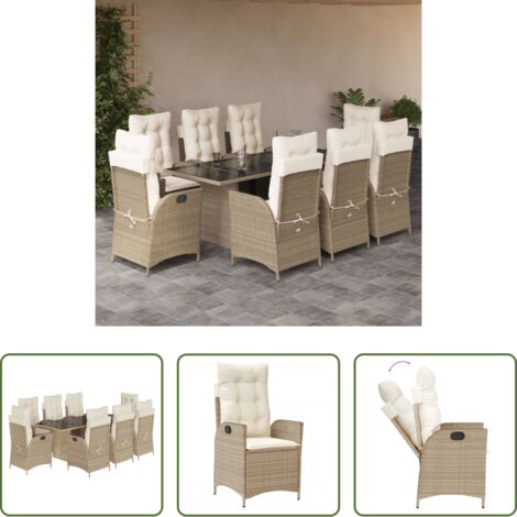 vidaXL Cojines para sillas -  Set comedor de jardín 9 pzas con cojines ratán sintético beige