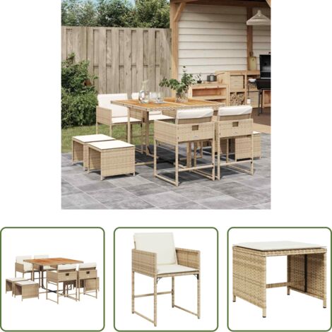 vidaXL Cojines para sillas -  Set comedor de jardín 9 pzas con cojines ratán sintético beige