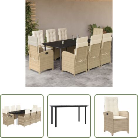 vidaXL Cojines para sillas -  Set comedor de jardín 9 pzas con cojines ratán sintético beige