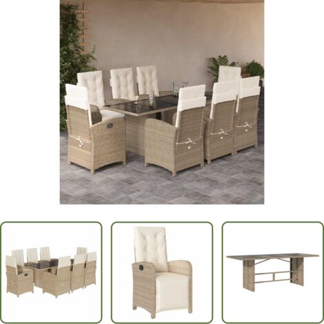 vidaXL Cojines para sillas -  Set comedor de jardín 9 pzas con cojines ratán sintético beige