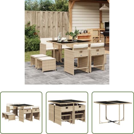 vidaXL Cojines para sillas -  Set comedor de jardín 9 pzas con cojines ratán sintético beige