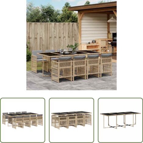 vidaXL Cojines para sillas -  Set comedor de jardín 9 pzas con cojines ratán sintético beige