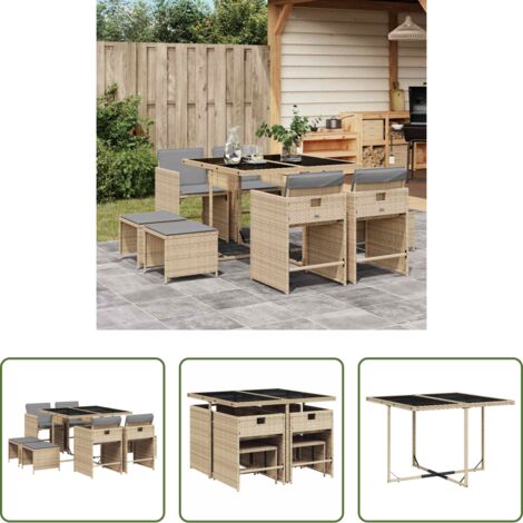 vidaXL Cojines para sillas -  Set comedor de jardín 9 pzas con cojines ratán sintético beige
