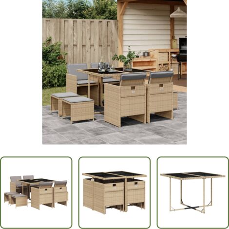 vidaXL Cojines para sillas -  Set comedor de jardín 9 pzas con cojines ratán sintético beige