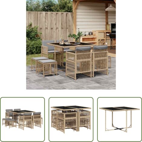 vidaXL Cojines para sillas -  Set comedor de jardín 9 pzas con cojines ratán sintético beige