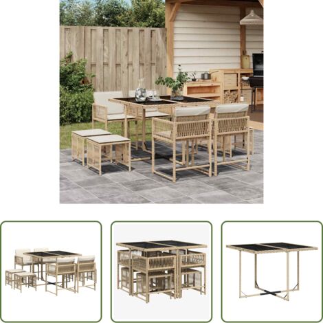vidaXL Cojines para sillas -  Set comedor de jardín 9 pzas con cojines ratán sintético beige