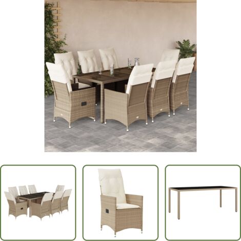 vidaXL Cojines para sillas -  Set comedor de jardín 9 pzas con cojines ratán sintético beige