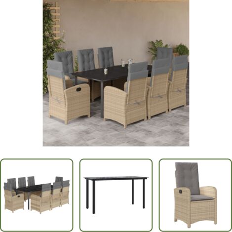 vidaXL Cojines para sillas -  Set comedor de jardín 9 pzas con cojines ratán sintético beige