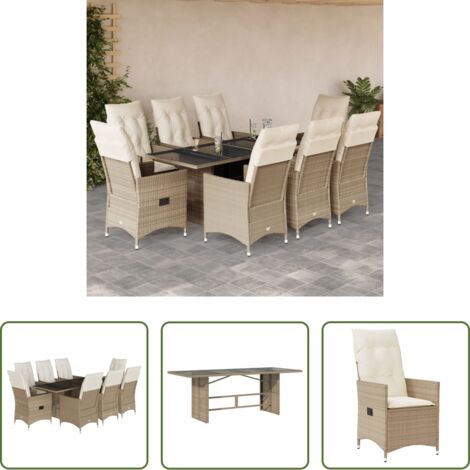 vidaXL Cojines para sillas -  Set comedor de jardín 9 pzas con cojines ratán sintético beige