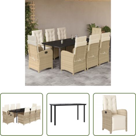vidaXL Cojines para sillas -  Set comedor de jardín 9 pzas con cojines ratán sintético beige