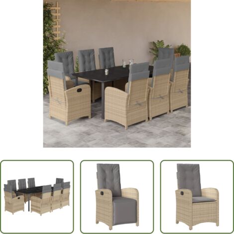vidaXL Cojines para sillas -  Set comedor de jardín 9 pzas con cojines ratán sintético beige