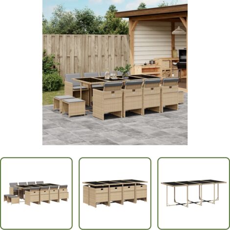vidaXL Cojines para sillas -  Set comedor de jardín con cojines 13 pzas ratán sintético beige
