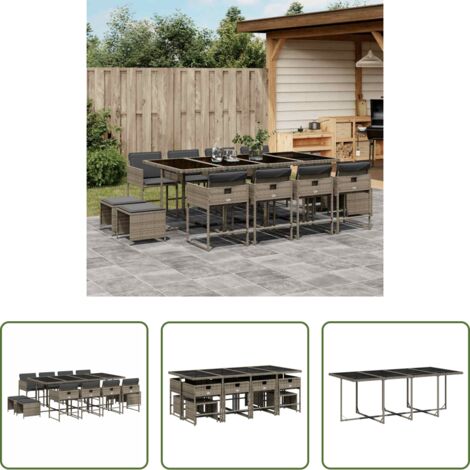vidaXL Cojines para sillas -  Set comedor de jardín con cojines 13 pzas ratán sintético gris