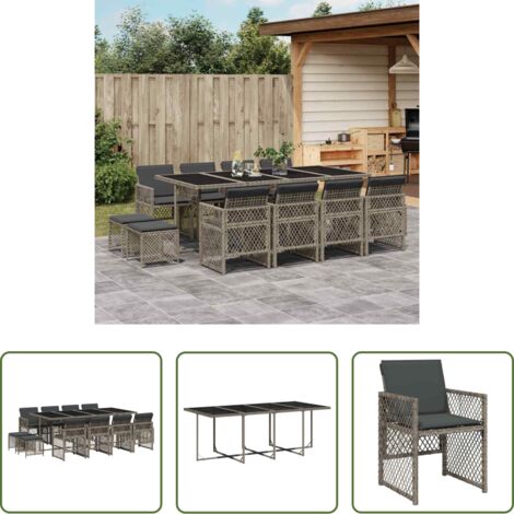 vidaXL Cojines para sillas -  Set comedor de jardín con cojines 13 pzas ratán sintético gris
