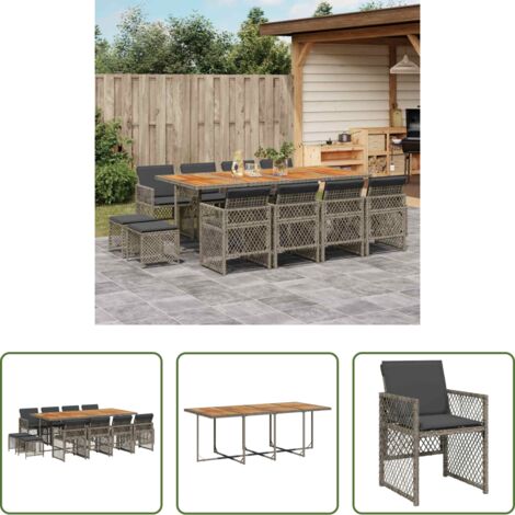 vidaXL Cojines para sillas -  Set comedor de jardín con cojines 13 pzas ratán sintético gris