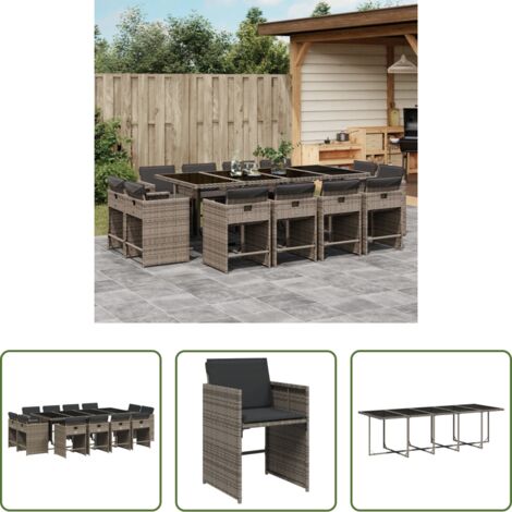 vidaXL Cojines para sillas -  Set comedor de jardín con cojines 13 pzas ratán sintético gris